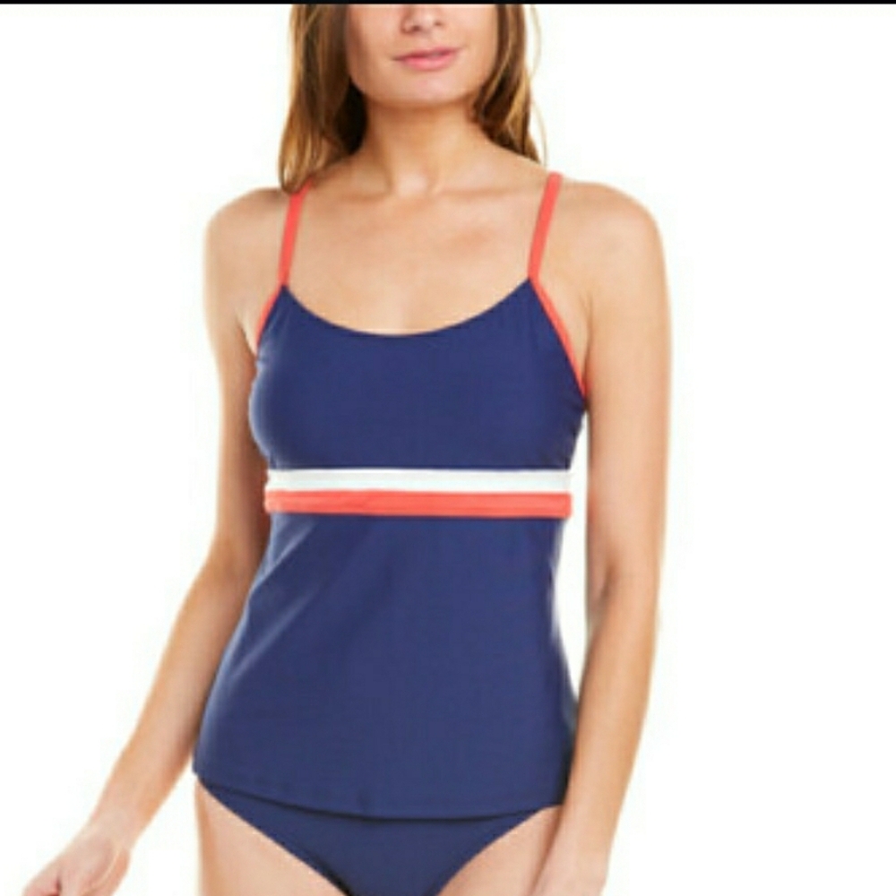 Next Coral Reef Intention Tankini Top In Navy Blue With Coral & White Stripes